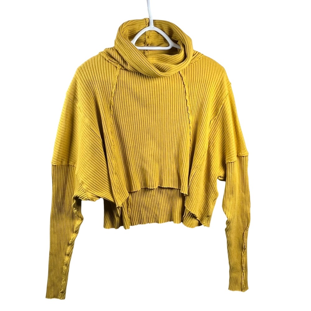 FP Movement Longitude Pullover Women Small Yellow Ribbed Cropped Turtleneck Boho